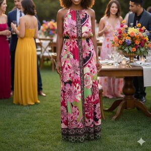 London Times Keyhole Halter Y2K BOHO Print Maxi Dress Sleeveless Size 8 Vacation